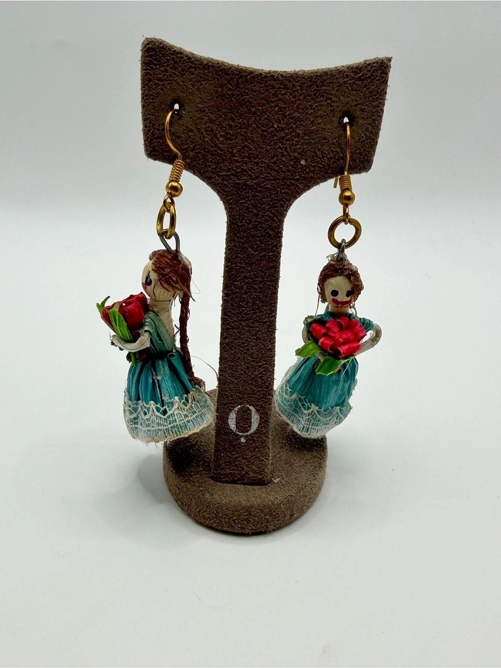 Handmade Doll Dangle Earrings in Blue & Red